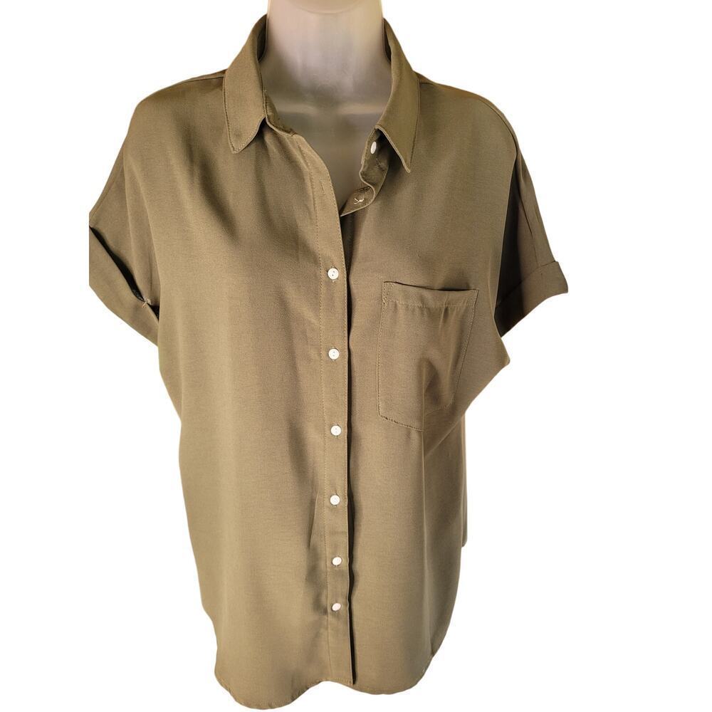 Army Green Shirt Women Button‎ Up Short Sleeve Sz M